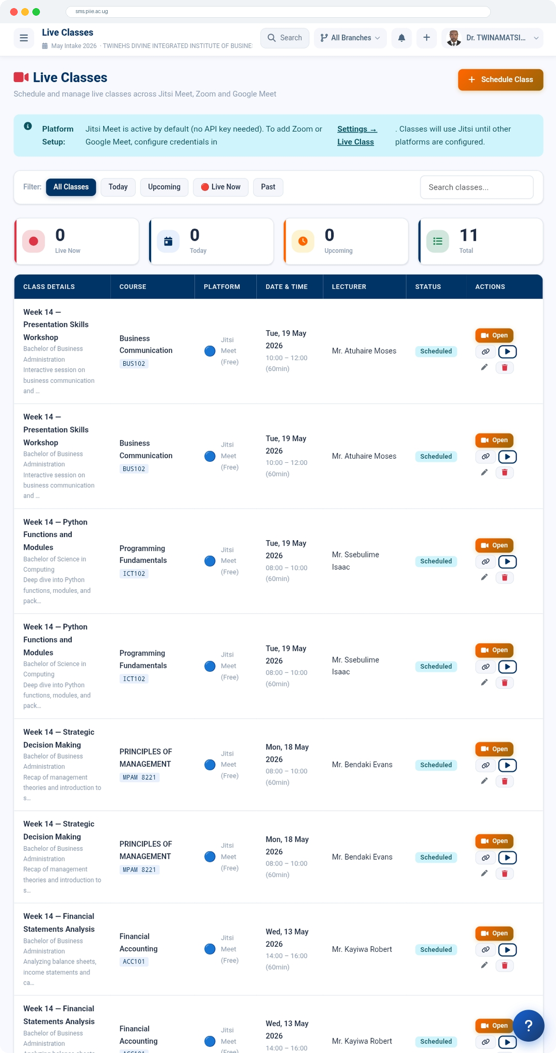 Live classes scheduling